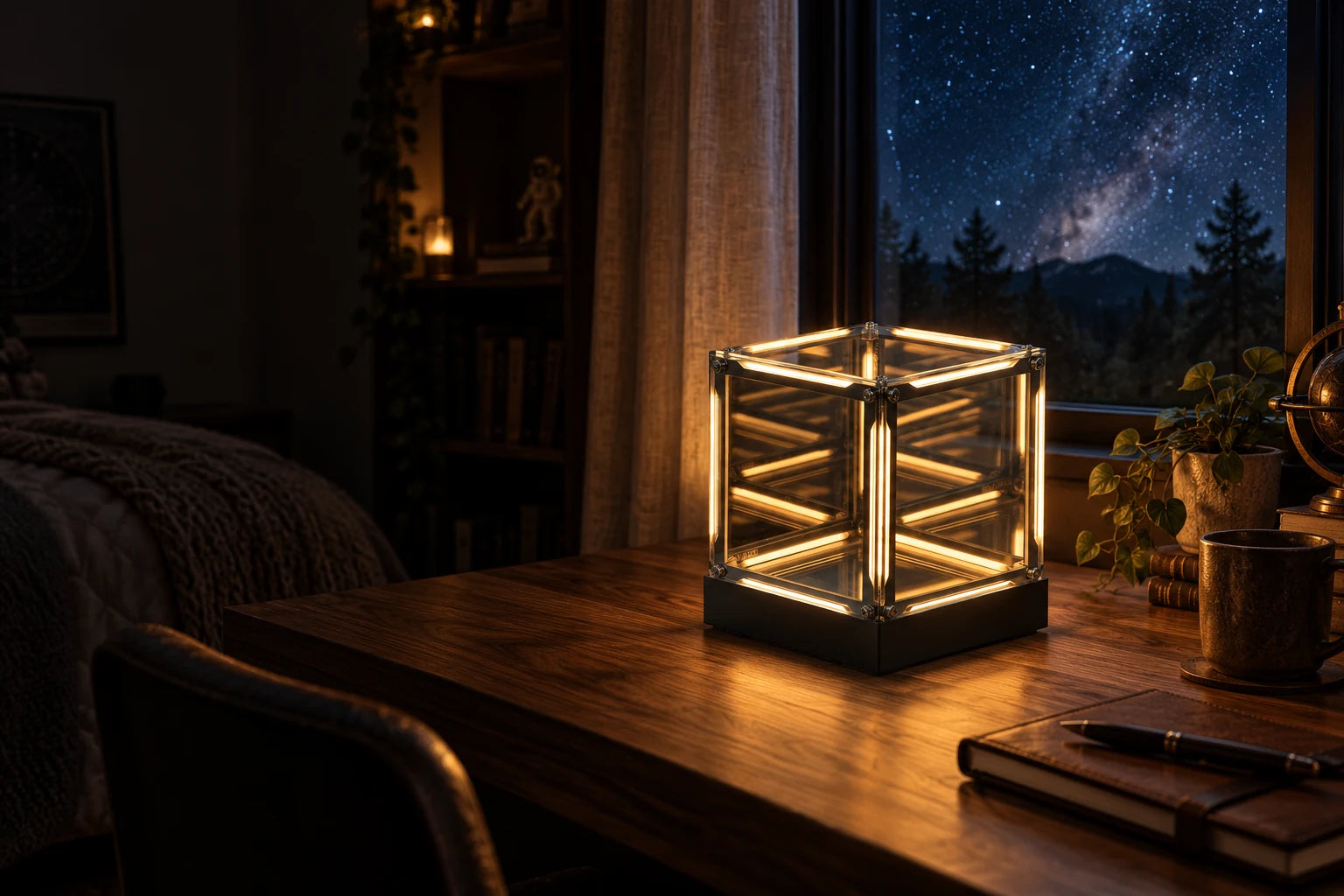 A glowing Tesseract infinity lamp on a wooden desk in a cozy room beneath a star-filled night sky