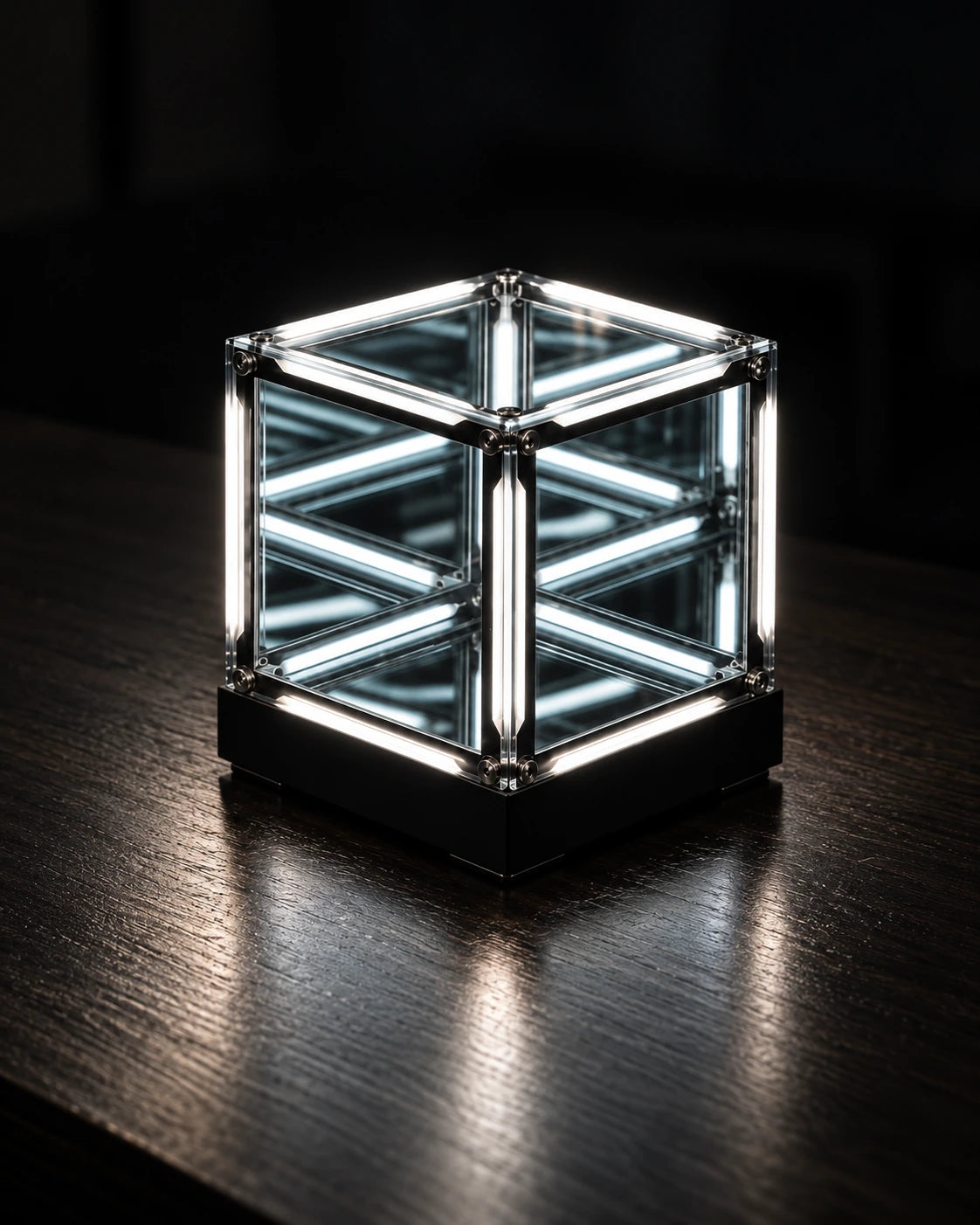 Cool-white Tesseract lamp on a dark desk
