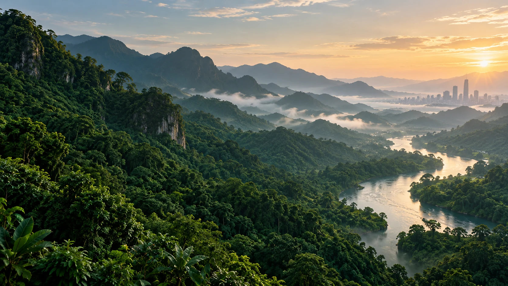 Lush green forest hills and a winding river, with a distant city emerging from the morning mist